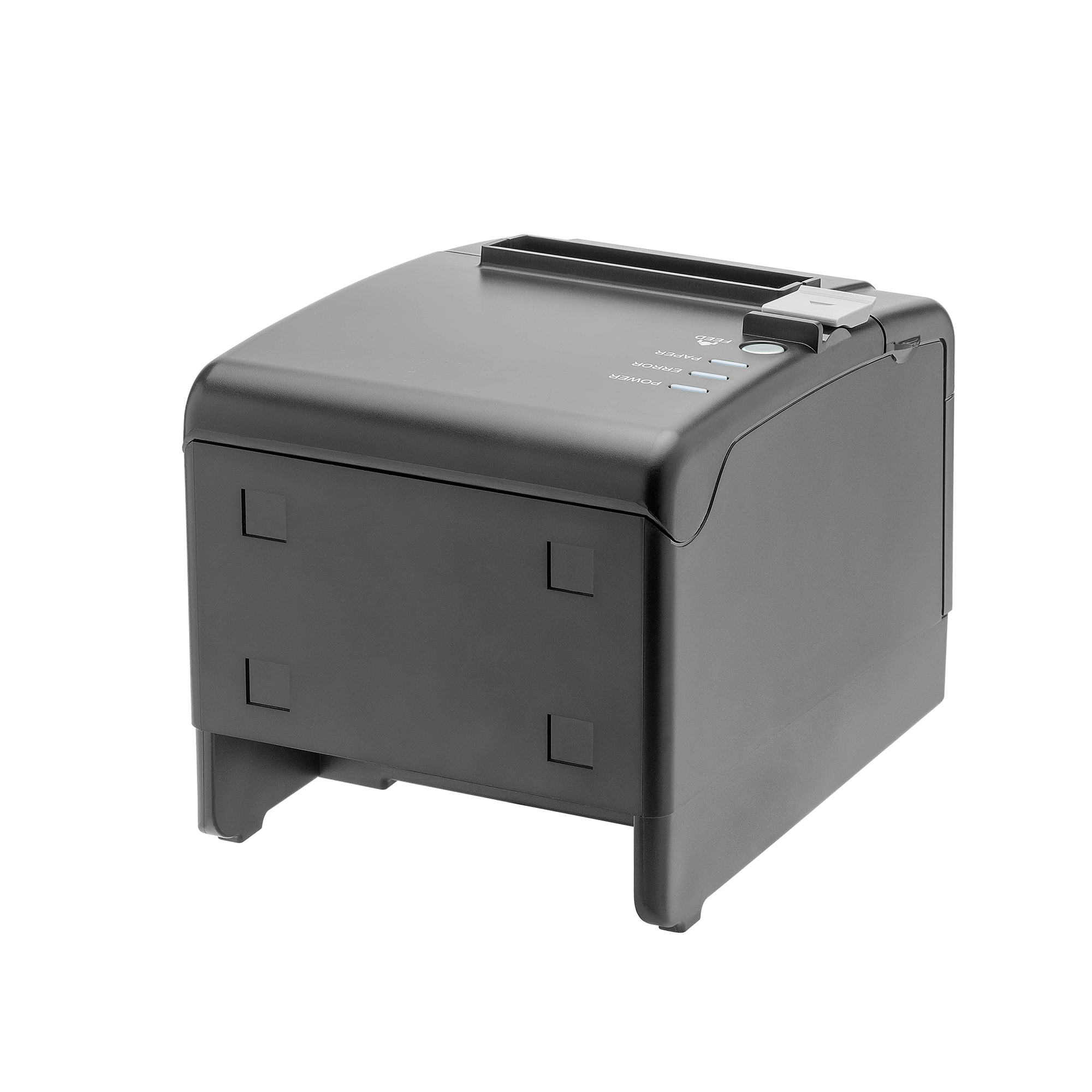 Impresora térmica negra con salida de papel e indicadores de encendido, aislada en blanco.