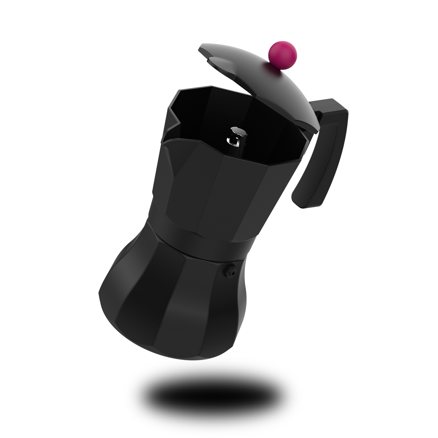 Cafetera moka negra con la tapa abierta, con pomo rosa en la parte superior, aislada sobre fondo blanco.