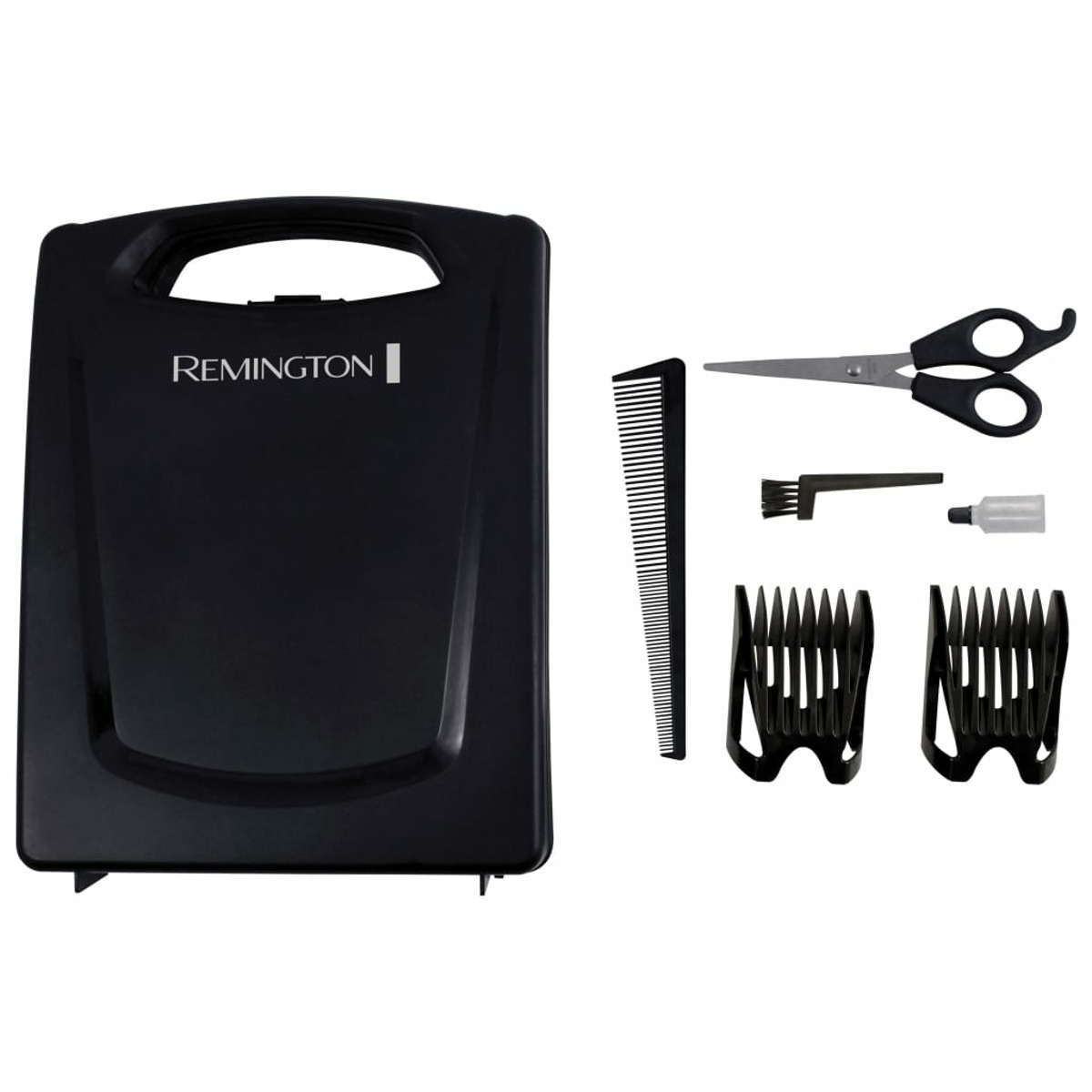 Kit per la cura del corpo nero con custodia, pettine, forbici, tagliacapelli, spazzola e accessori, tutto nero.