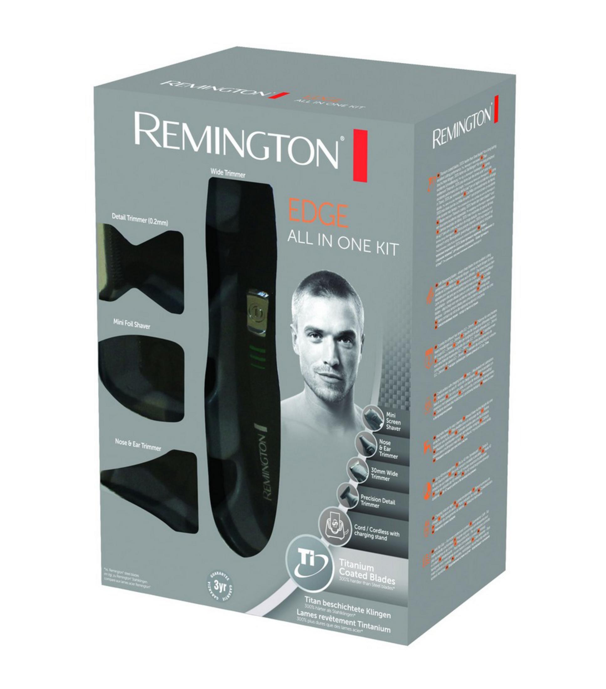 Pudełko trymera do włosów Remington. Pokazuje trymer i jego nasadki. Szare tło.