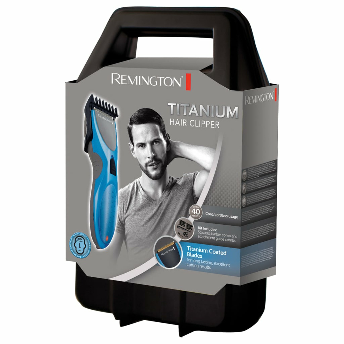 Kit tagliacapelli Remington in una custodia nera. L'immagine di un uomo è sulla confezione.