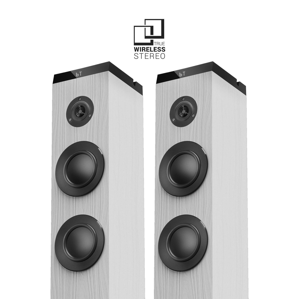 Dos altavoces con logo True Wireless Stereo, diseño negro y gris.