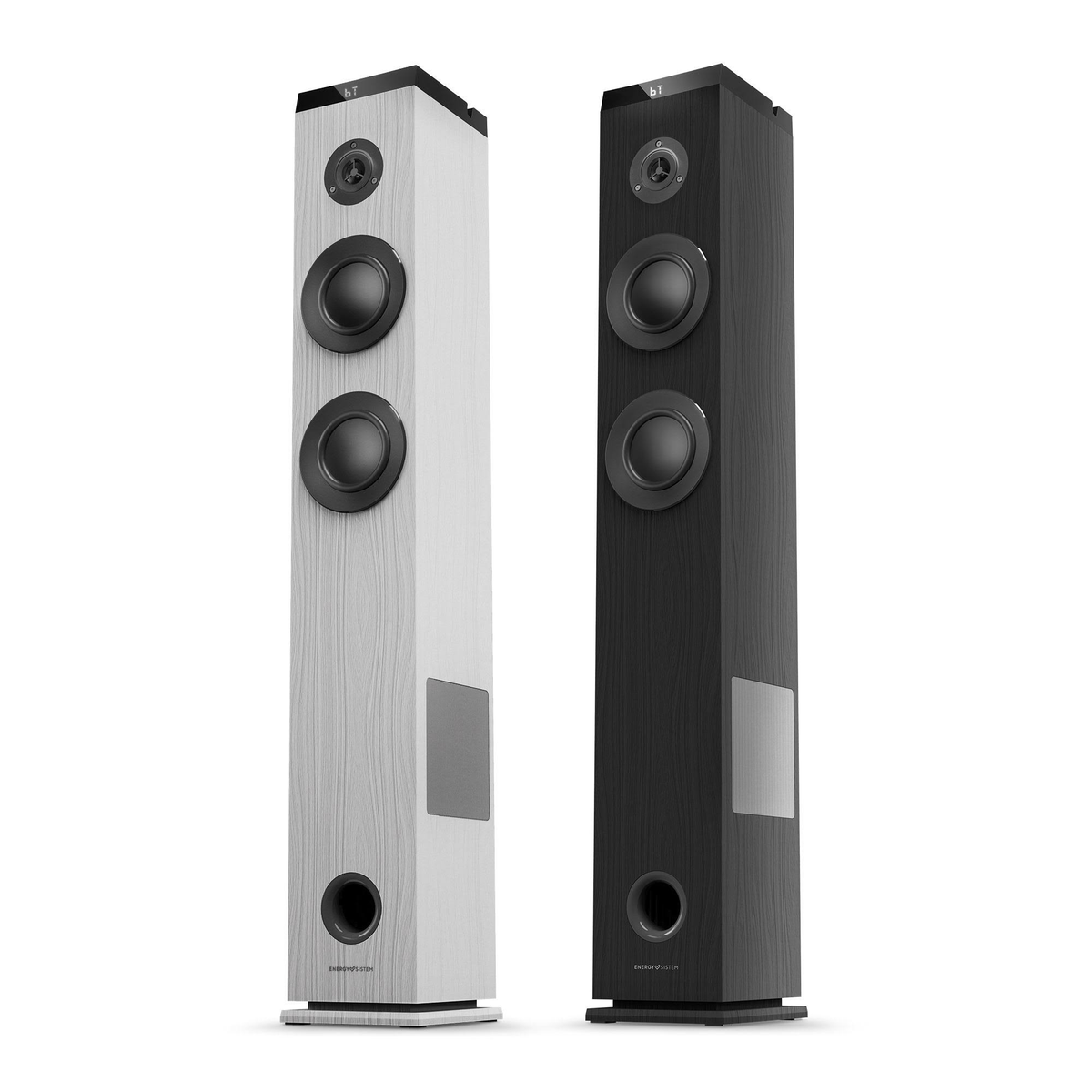 Dos altavoces altos, uno blanco y otro negro. Ambos tienen un diseño moderno.