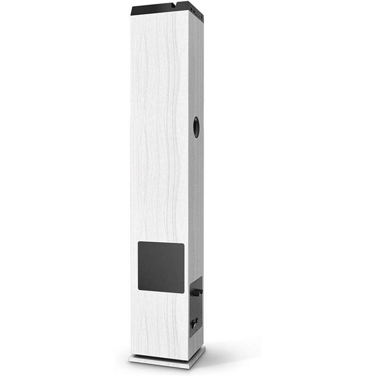 Altavoz alto, blanco, con textura de vetas de madera y área negra rectangular.