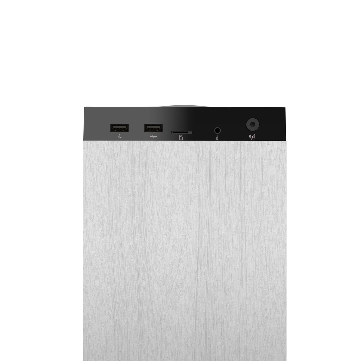 Dispositivo negro y plateado con puertos USB y conectores de audio, fondo blanco.