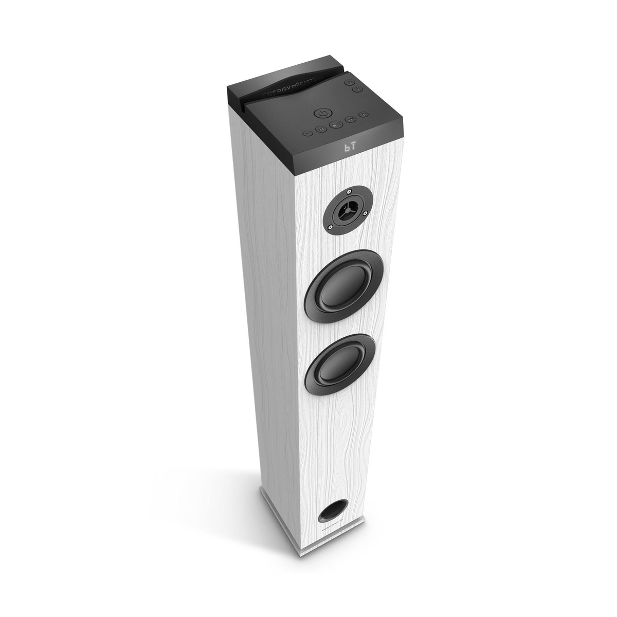 Un altavoz alto de madera blanca con detalles negros. Tiene varios altavoces y botones de control en la parte superior.