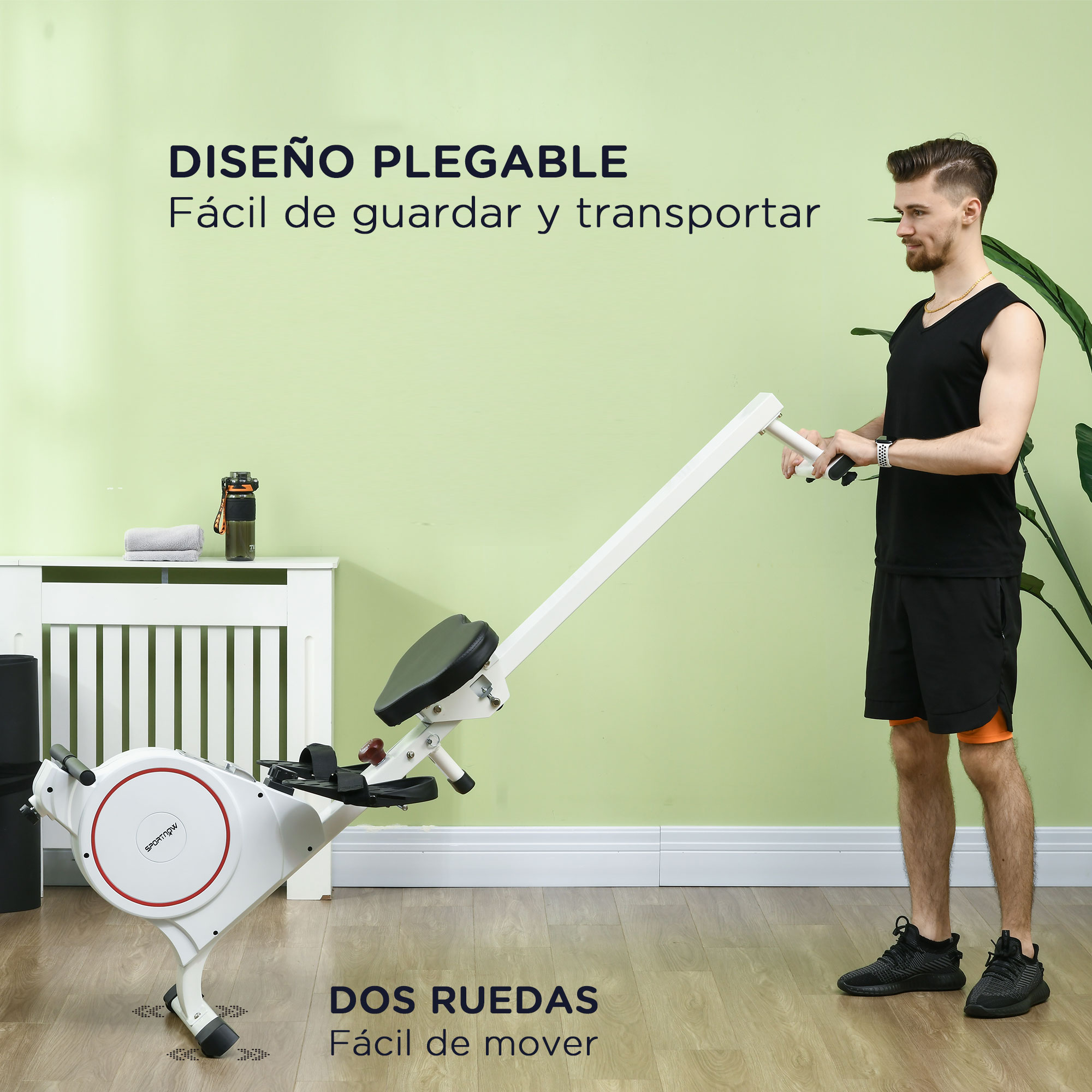 Hombre usando máquina de remo. Texto: diseño plegable, fácil de guardar y transportar. Dos ruedas, fácil de mover.