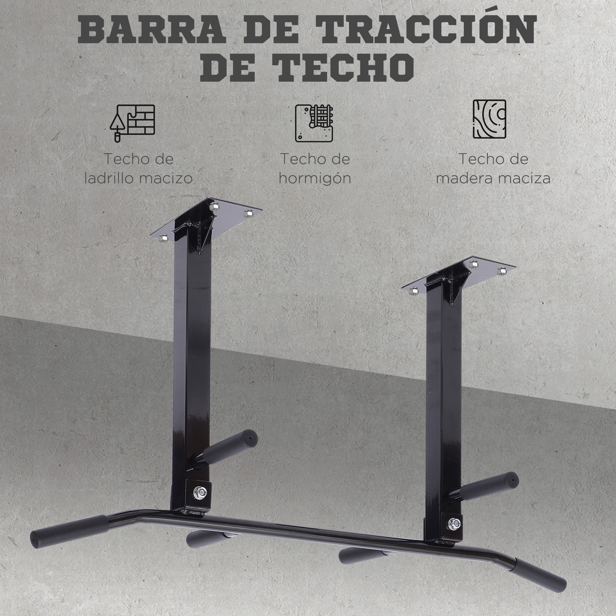 Una barra de dominadas negra está montada en una pared gris. La barra tiene tres posiciones de agarre.