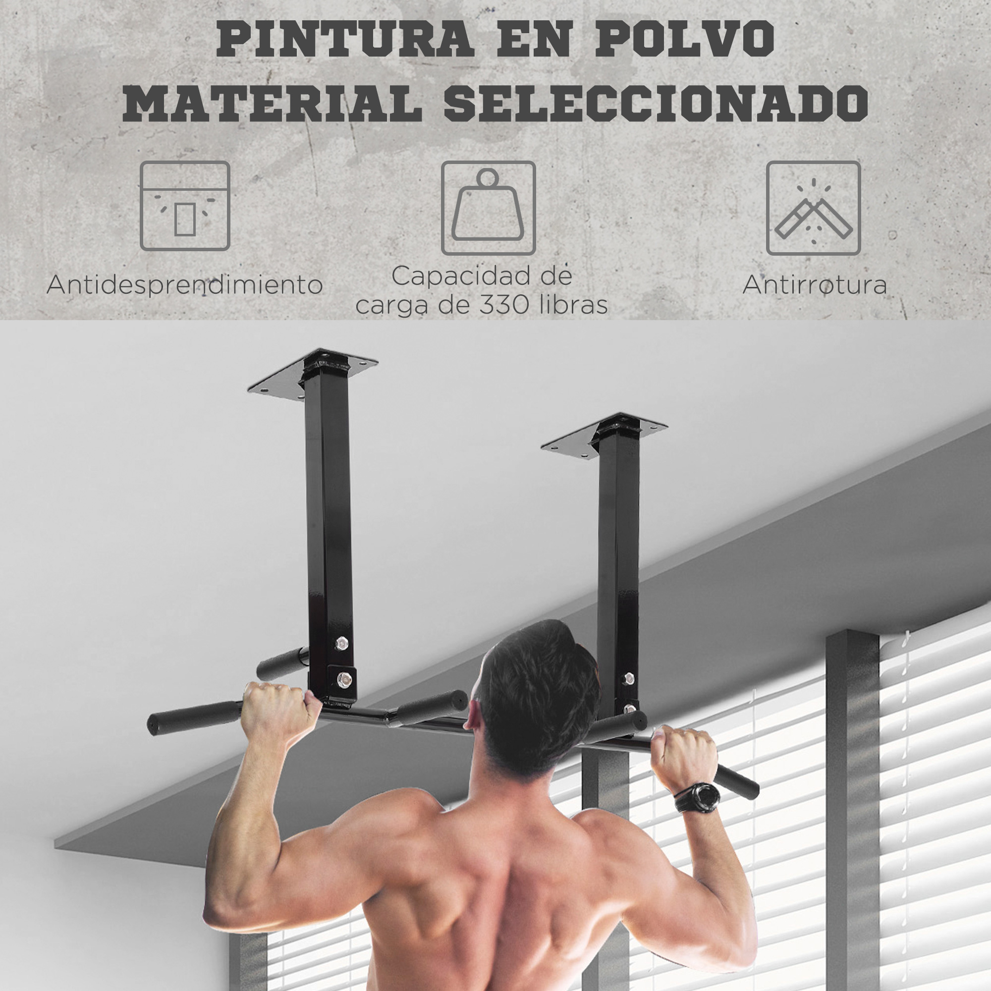Hombre haciendo dominadas en barras horizontales negras montadas en el techo, con texto de información del producto.