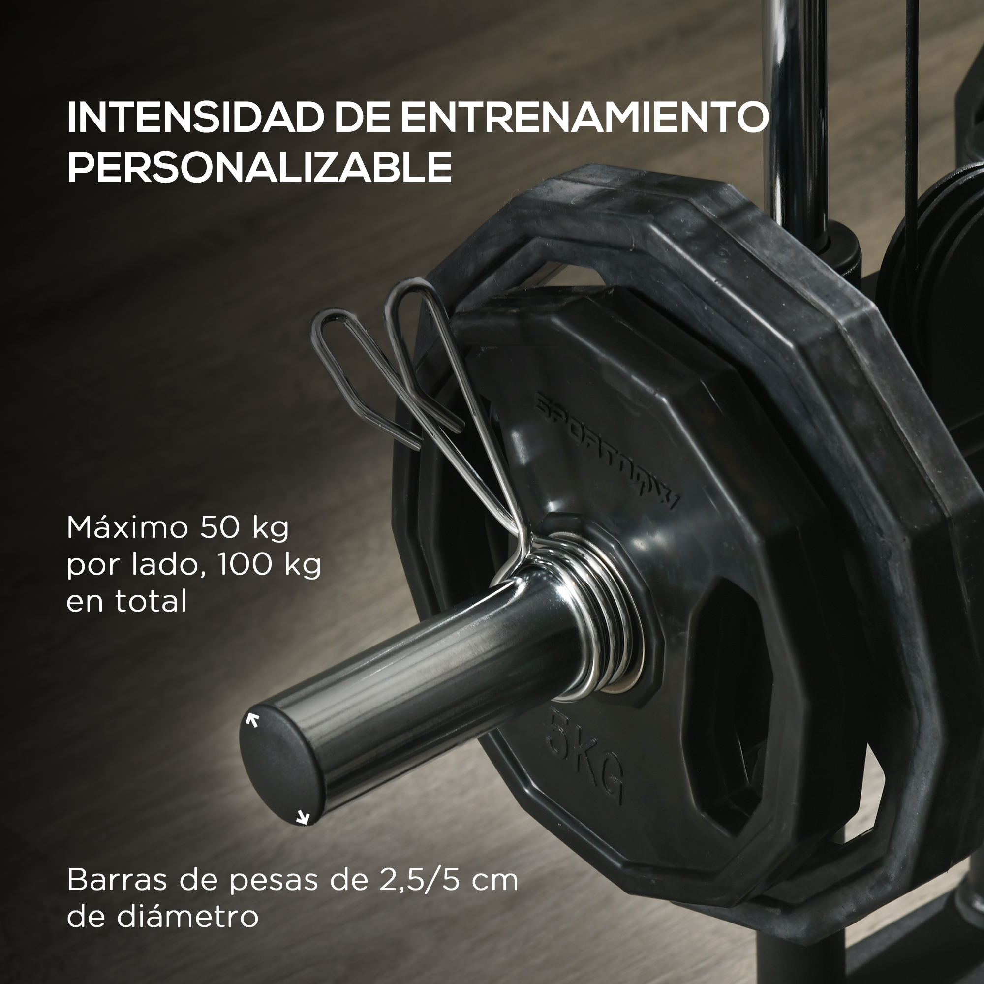 Platos de peso en una barra, con texto que indica 50 kg por lado y 100 kg en total.