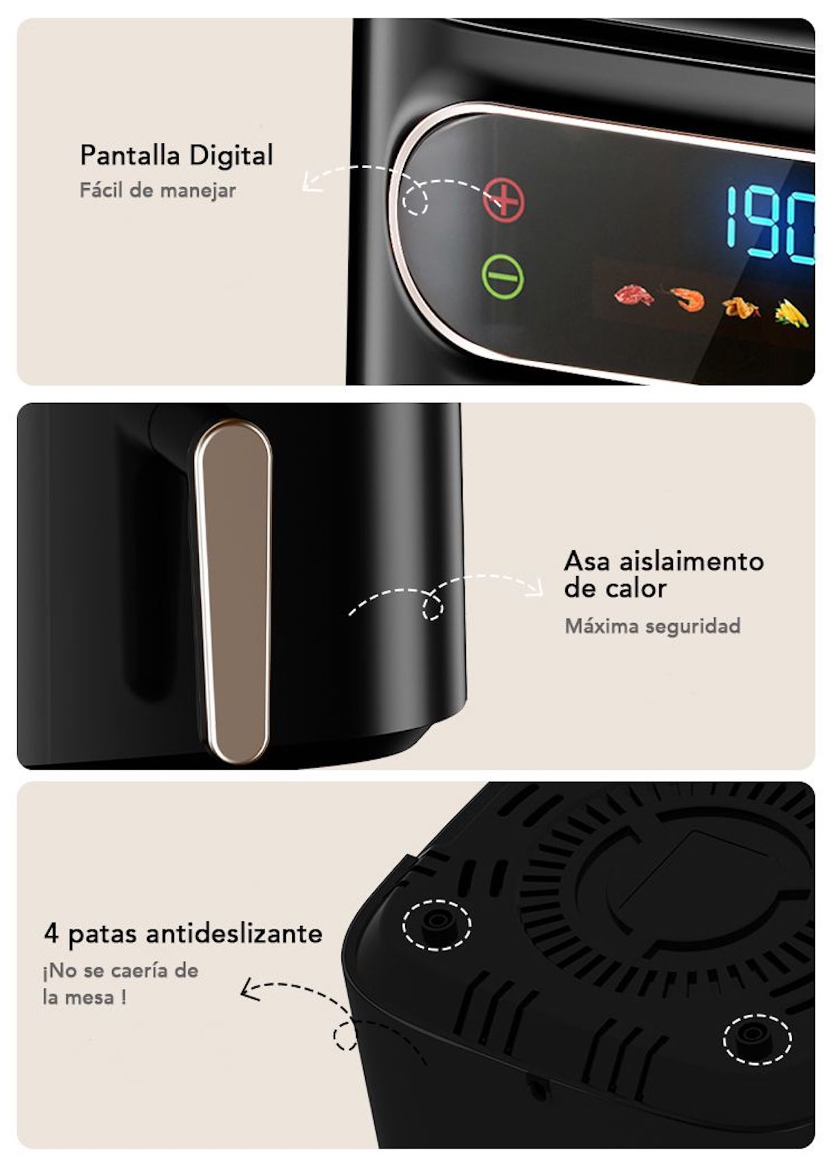 Primer plano de una freidora de aire negra, pantalla digital, fondo blanco.