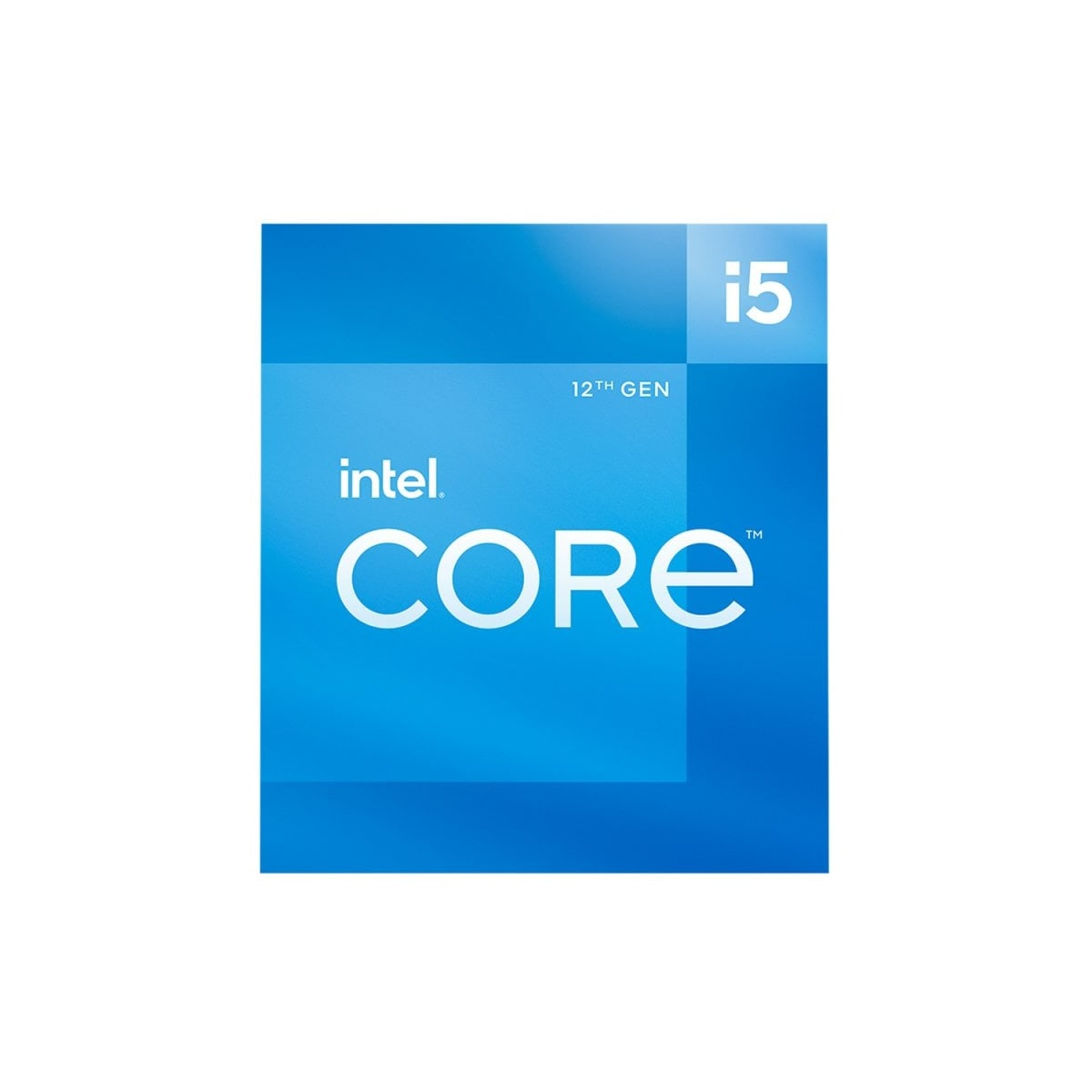 Una caja azul con el logo Intel Core i5 sobre fondo blanco. Texto: Intel, Core, 12th Gen.