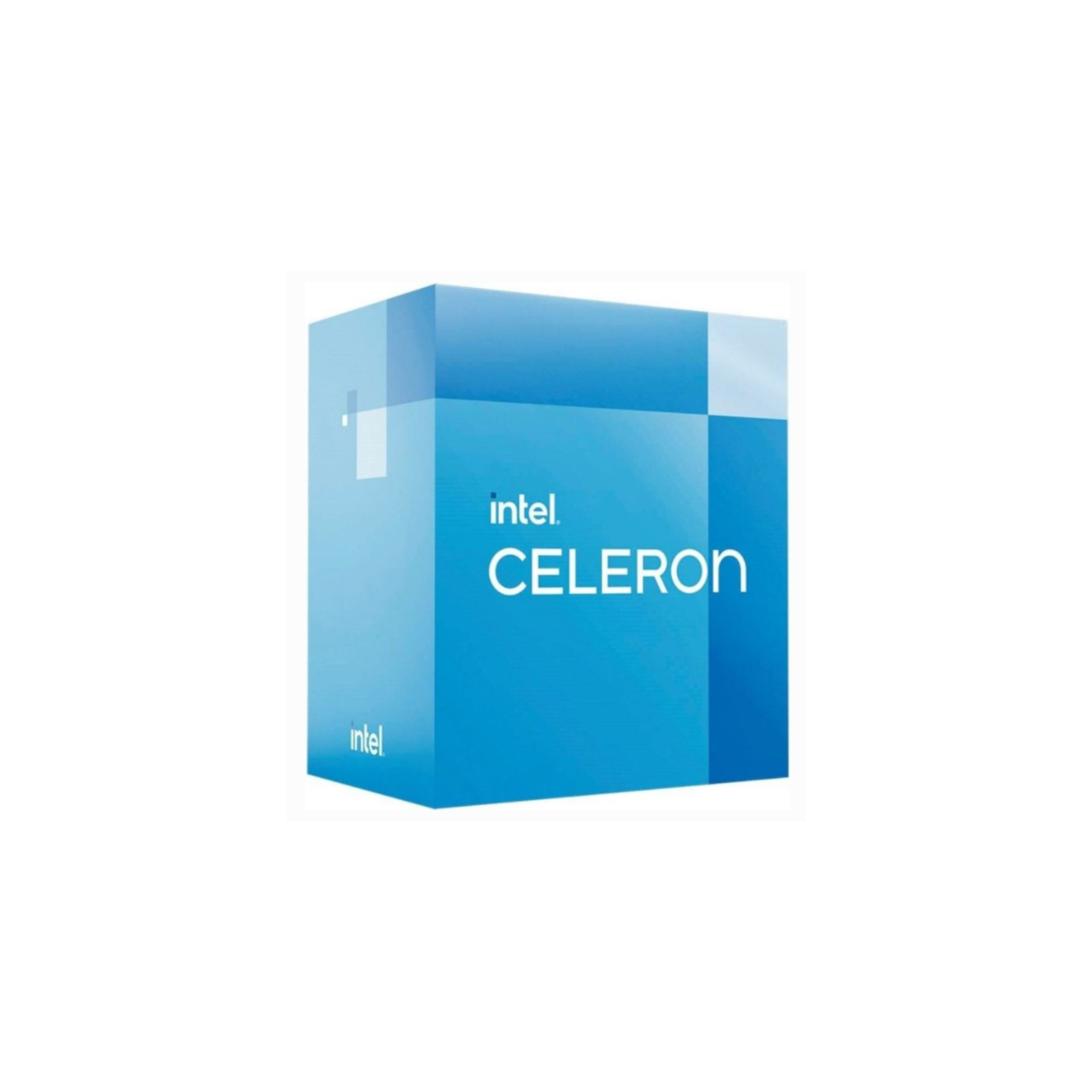Un cubo azul con el logotipo de Intel Celeron.