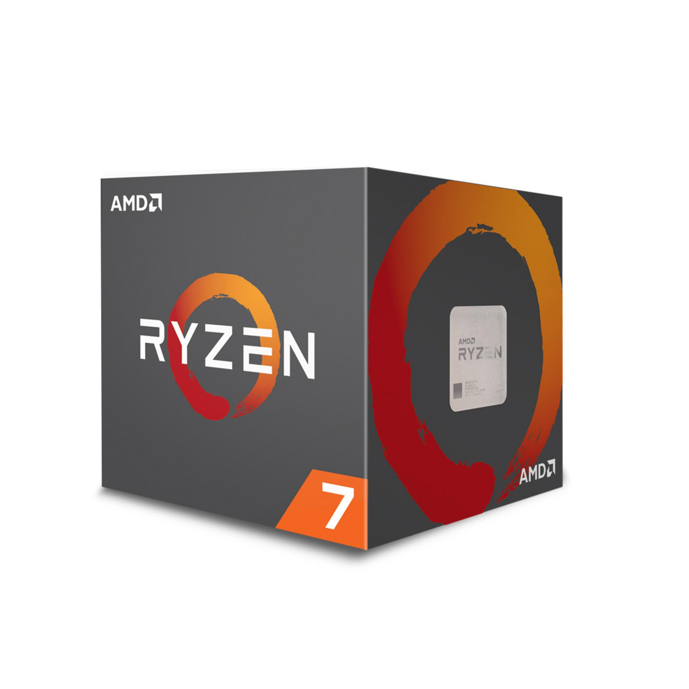 Pudełko procesora AMD Ryzen 7. Pudełko jest szare z pomarańczowym logo Ryzen.