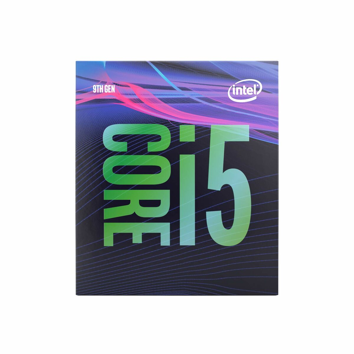 Una scatola con il logo Intel Core i5, l'etichetta 9a generazione e uno sfondo blu scuro e nero.