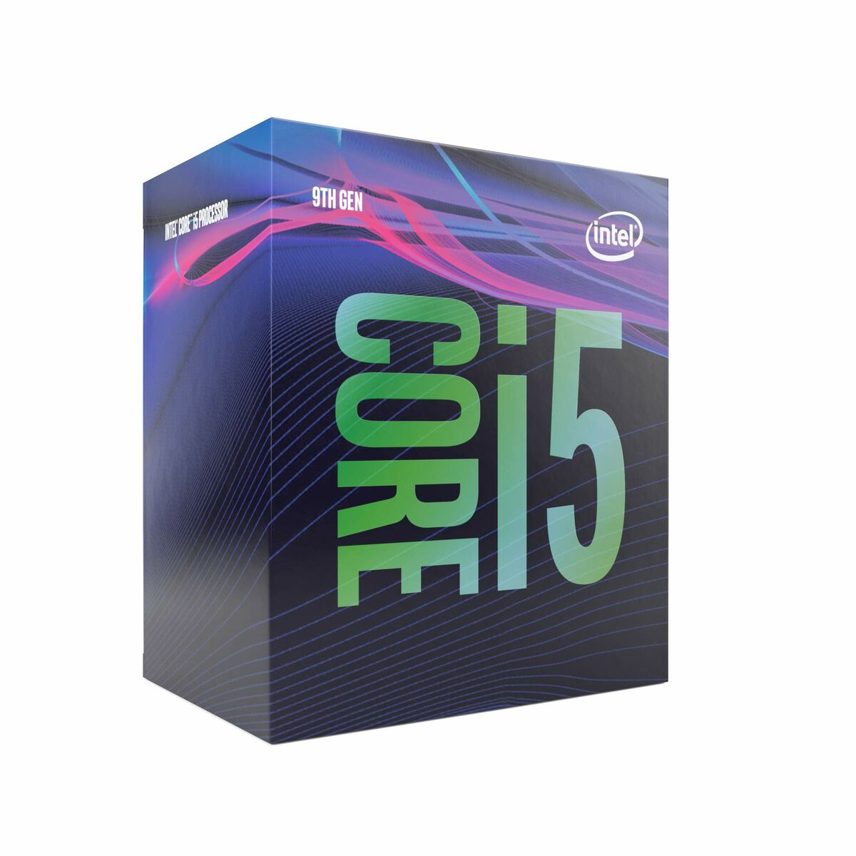Una scatola di un processore Intel Core i5 di 9a generazione, con grafica colorata.