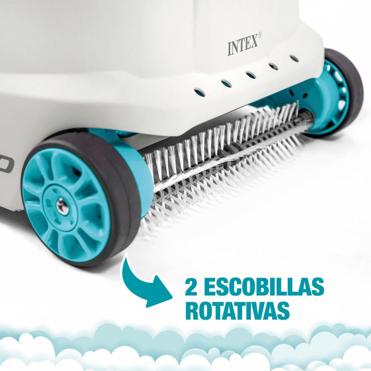 Primer plano de un limpiador de piscina blanco y azul con cepillos giratorios y la marca 'INTEX'.