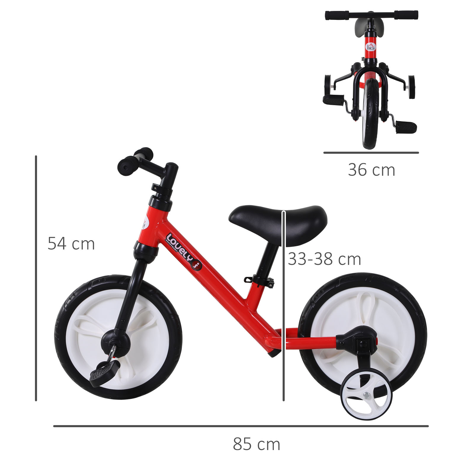 Una bicicleta de equilibrio roja con dimensiones y una bicicleta infantil al fondo.