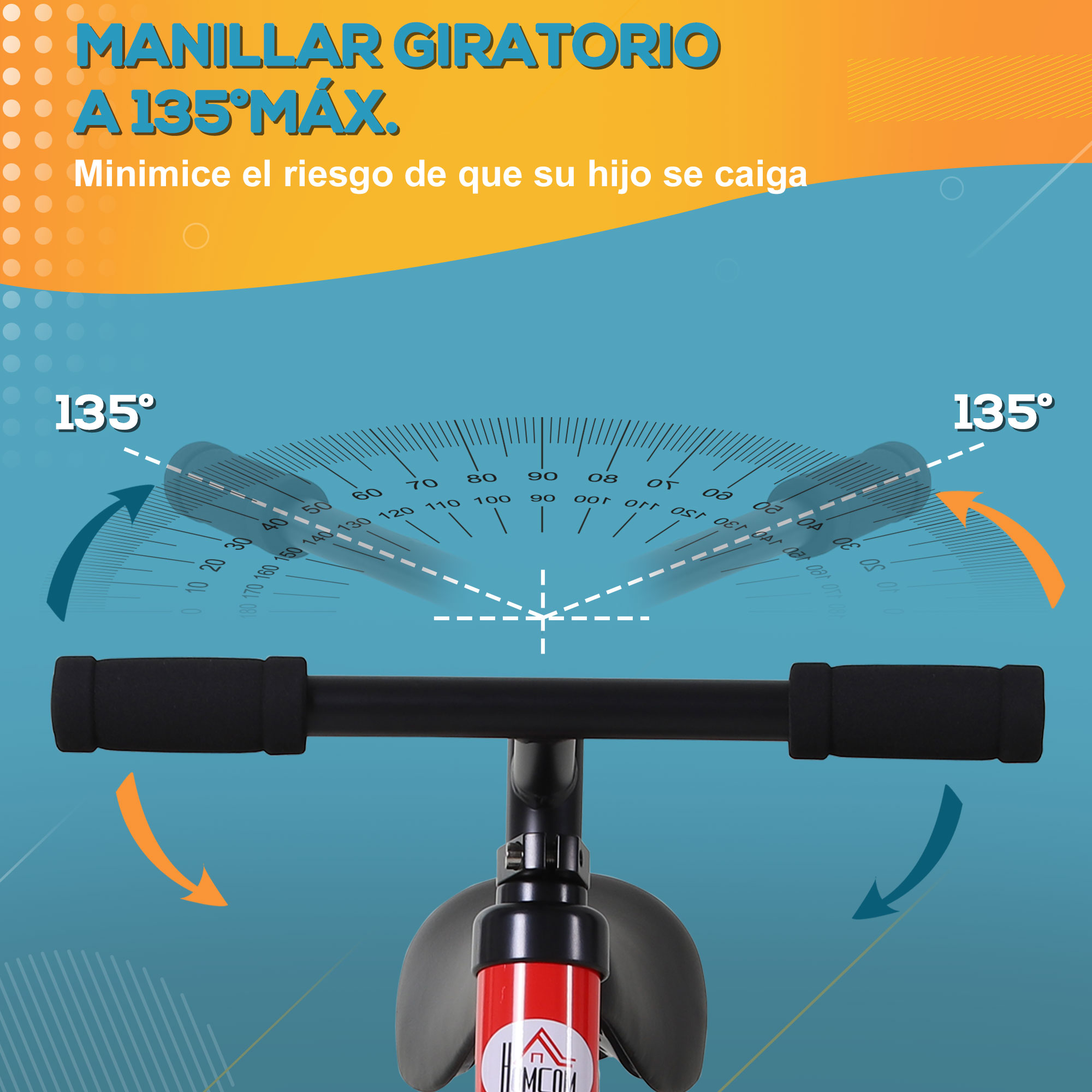 Scooter rojo y negro con manillar. Muestra un radio de giro de 135 grados. Blanco.