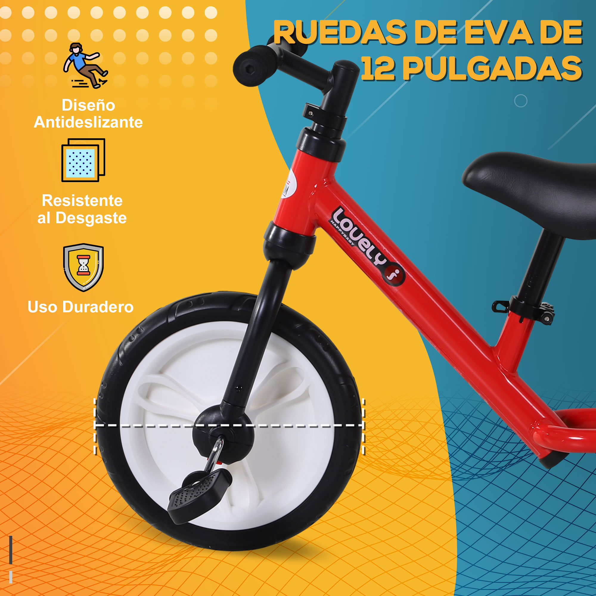 Bicicleta de equilibrio roja con ruedas blancas, sobre fondo amarillo y azul.