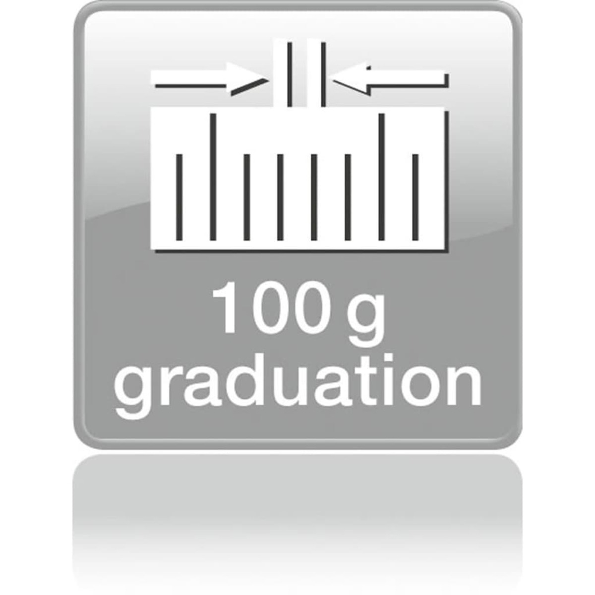 Una etiqueta gris con el texto '100 g graduation' y una imagen de escala.