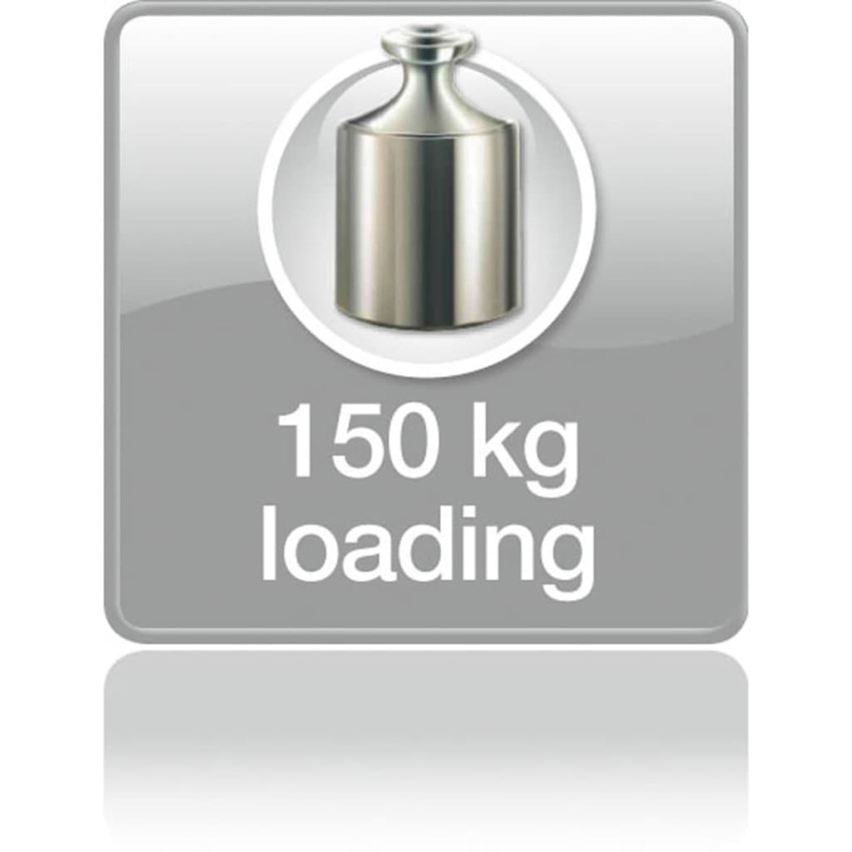 Una insignia gris muestra un peso plateado, con texto: 150 kg de carga.