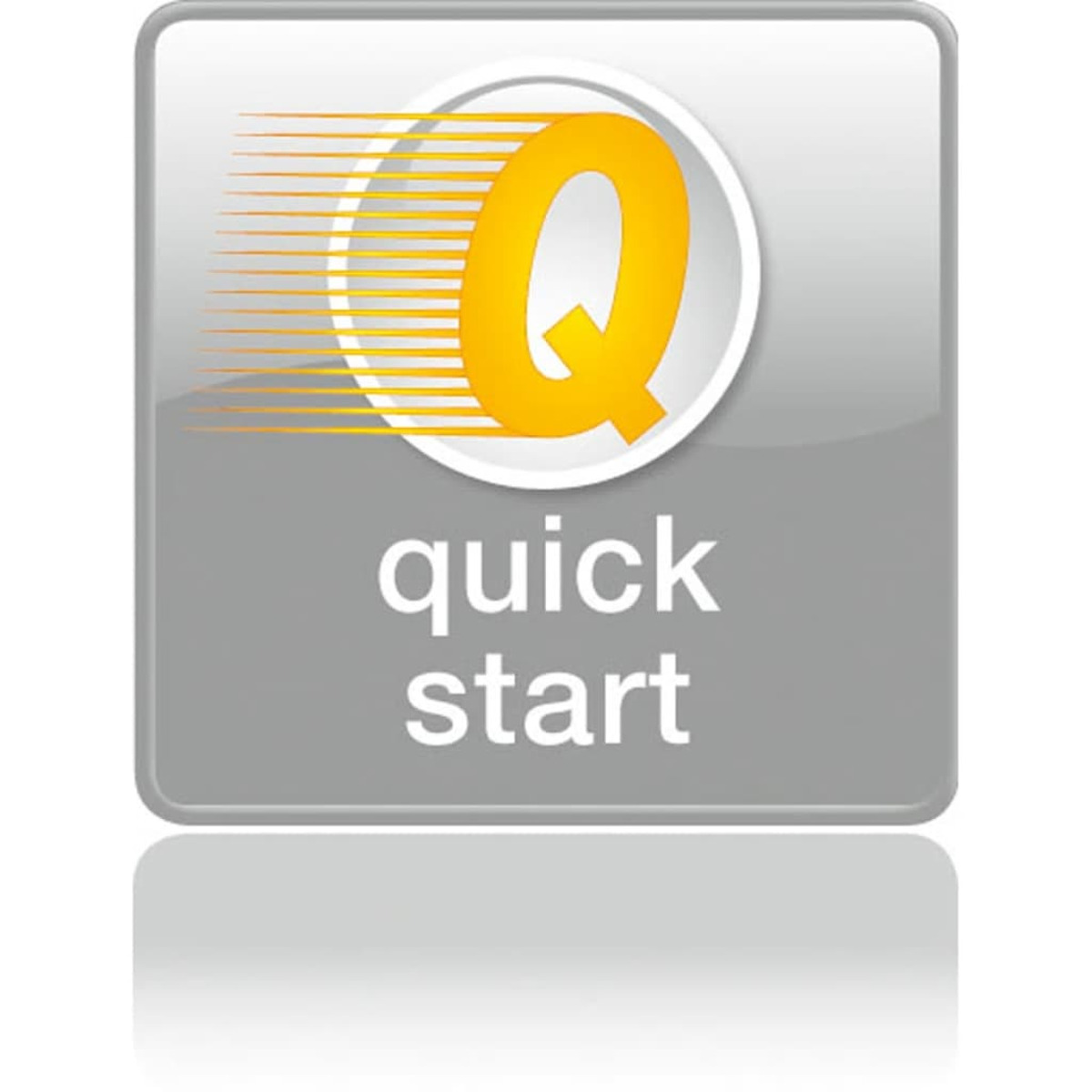 Logotipo cuadrado con un círculo blanco con una Q amarilla y las palabras 'quick start'.