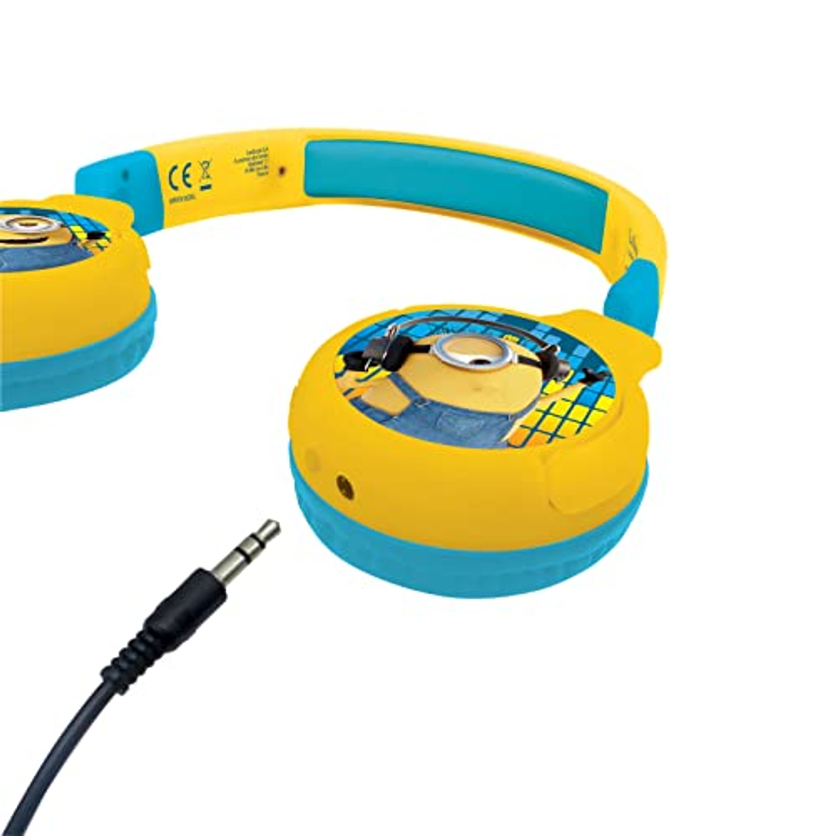 Cuffie Minions gialle e blu con cavo nero su sfondo bianco.
