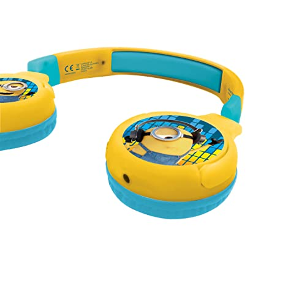 Cuffie gialle Minions con dettagli blu su sfondo bianco.