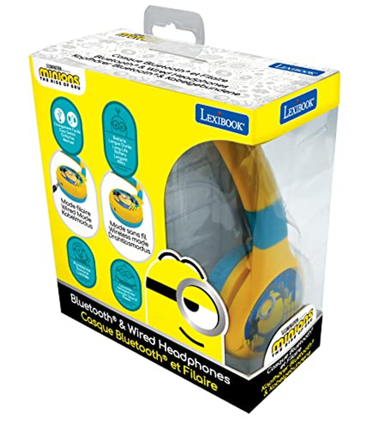 Cuffie Minions gialle e blu in una scatola. Sfondo bianco.