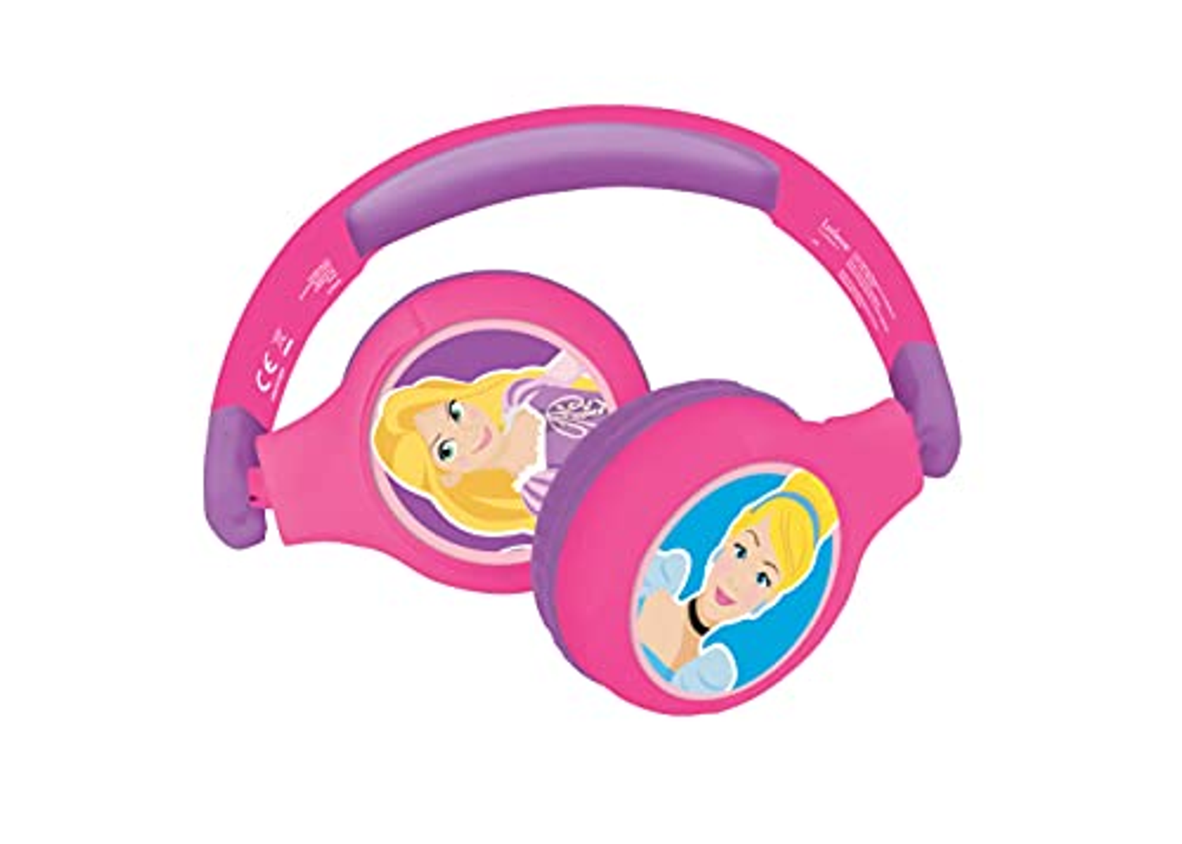 Cuffie rosa delle principesse Disney con immagini di Rapunzel e Cenerentola.