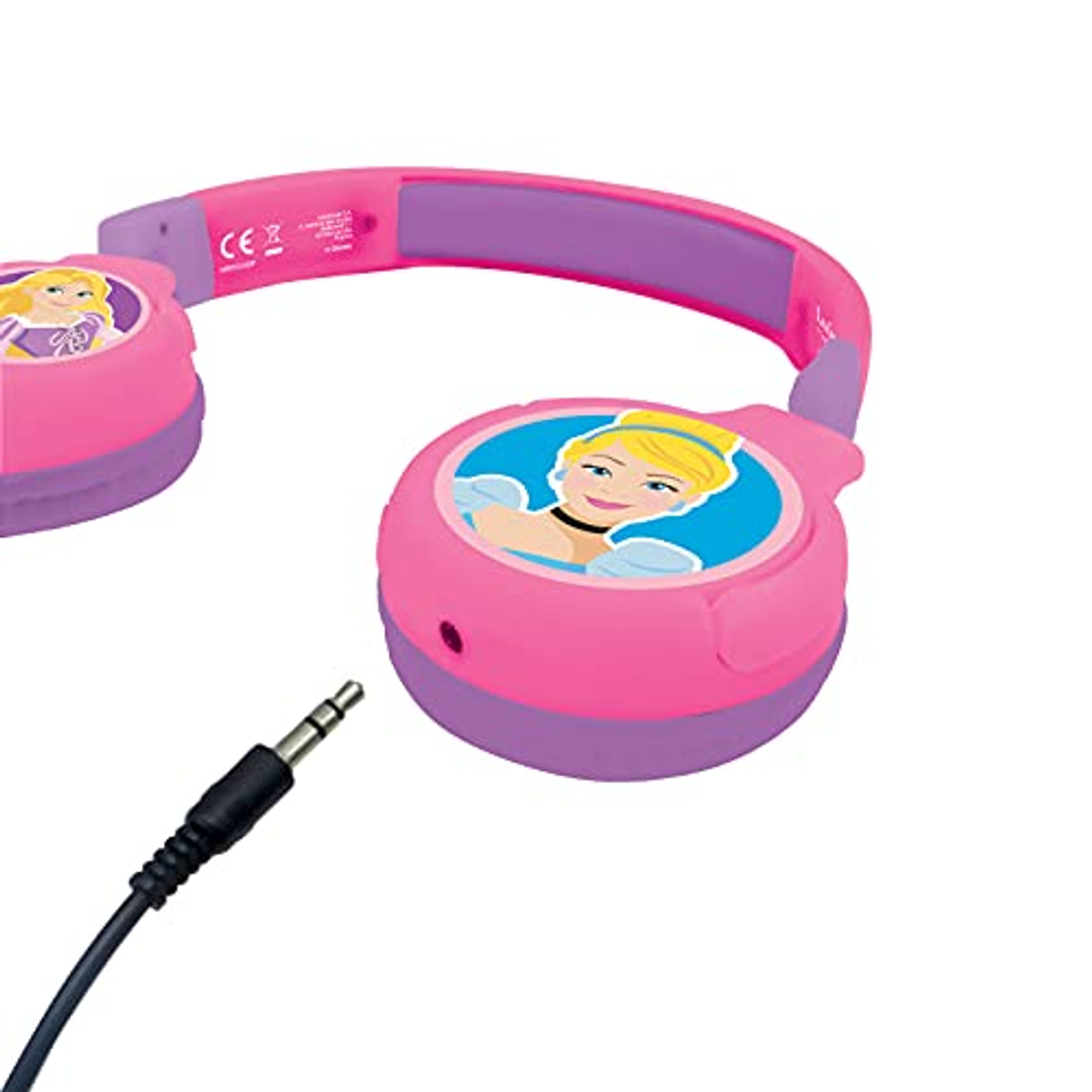 Cuffie per bambini rosa e viola con una grafica Disney Princess e un cavo nero.