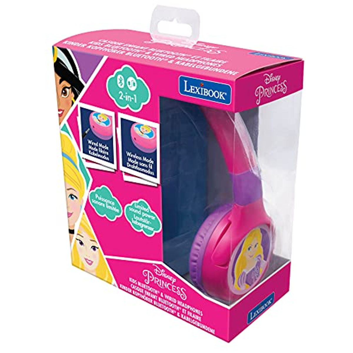 Cuffie Disney Princess rosa in una scatola. La scatola ha immagini di principesse e informazioni.
