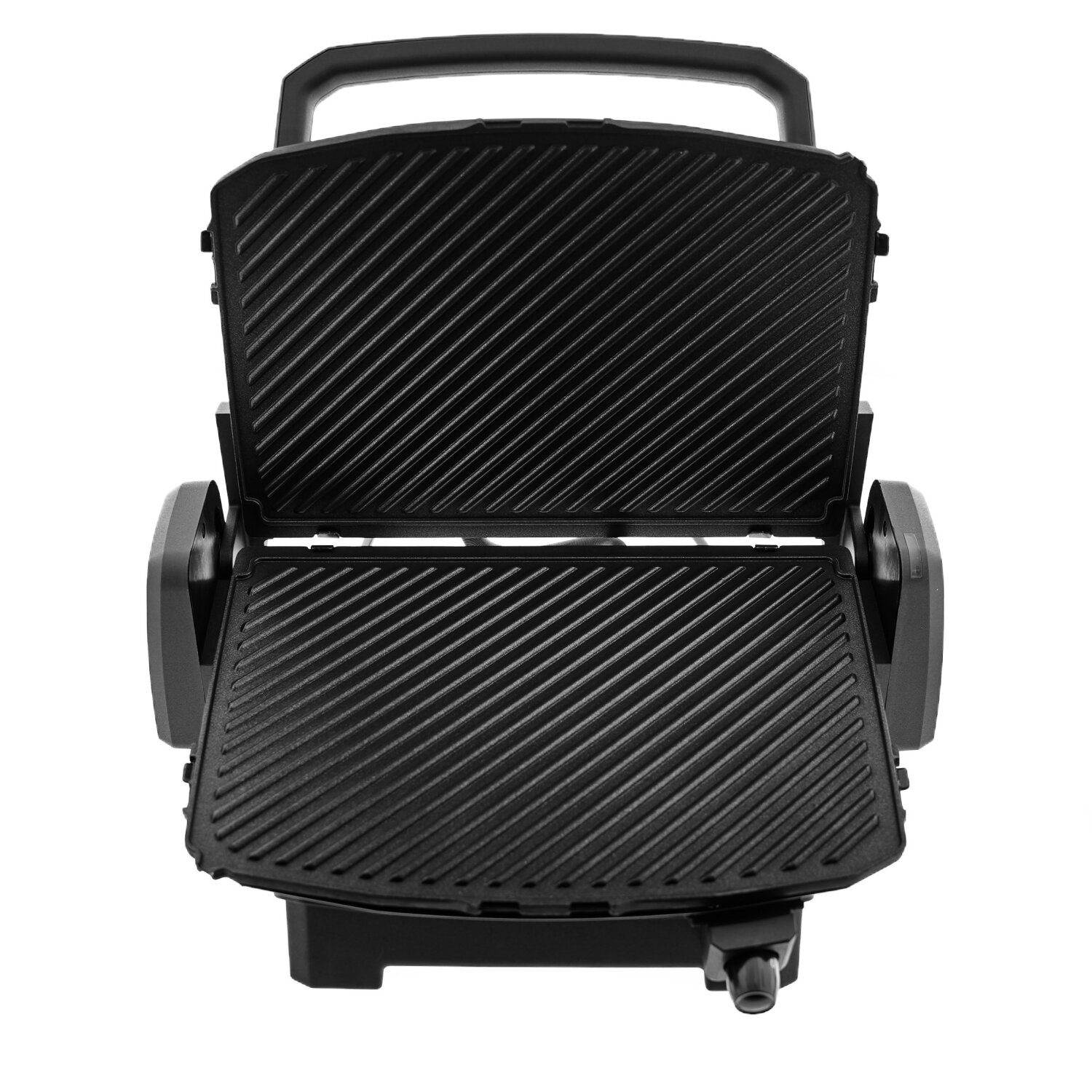 Schwarzer Sandwichmaker, geöffnet, mit sichtbaren Grillflächen.