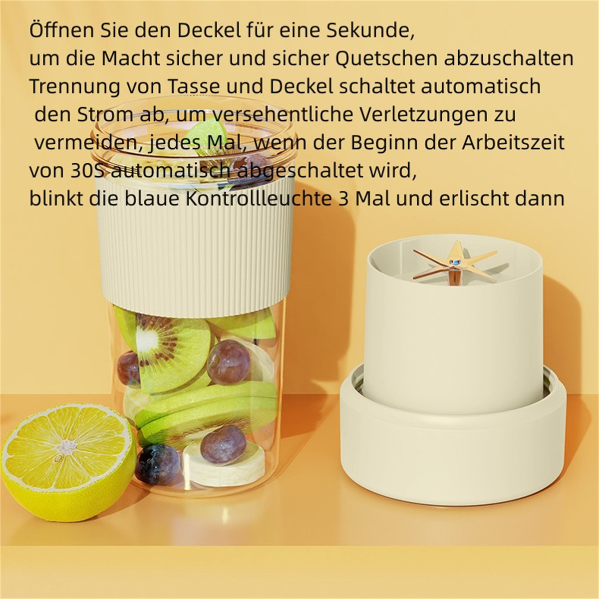 Mixer mit Zutaten. Eine Zitrone und eine Banane befinden sich im Vordergrund.