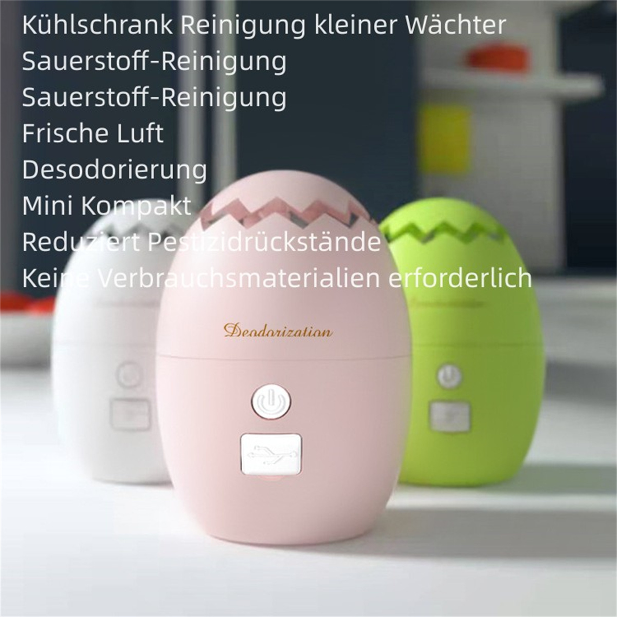 Drei eiförmige Lufterfrischer in Weiß, Rosa und Grün, mit Text darüber.