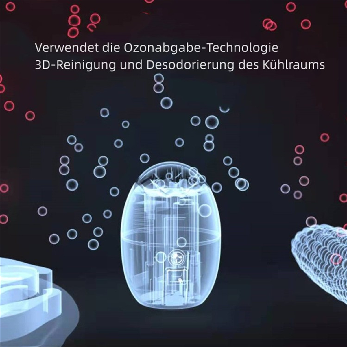 Ein ovales Gerät mit transparentem Gehäuse, umgeben von Blasen, mit Text. Es befindet sich auf dunklem Hintergrund.