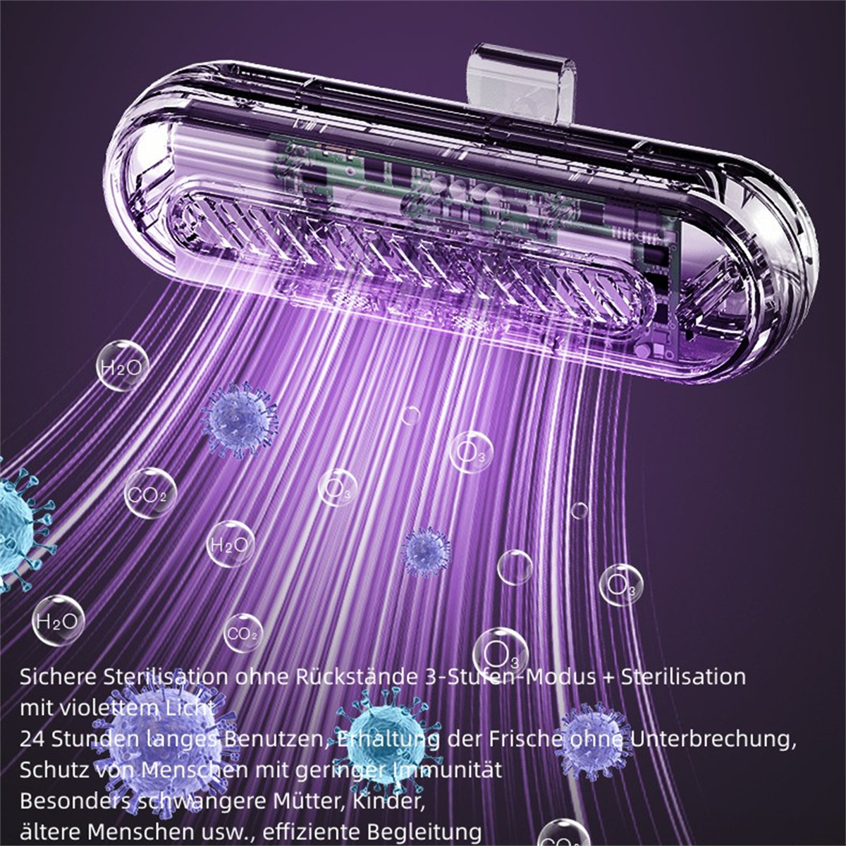 Klarer Sterilisator mit violetten Lichtstrahlen und Text auf Deutsch, mit einigen Virus-Renderings.