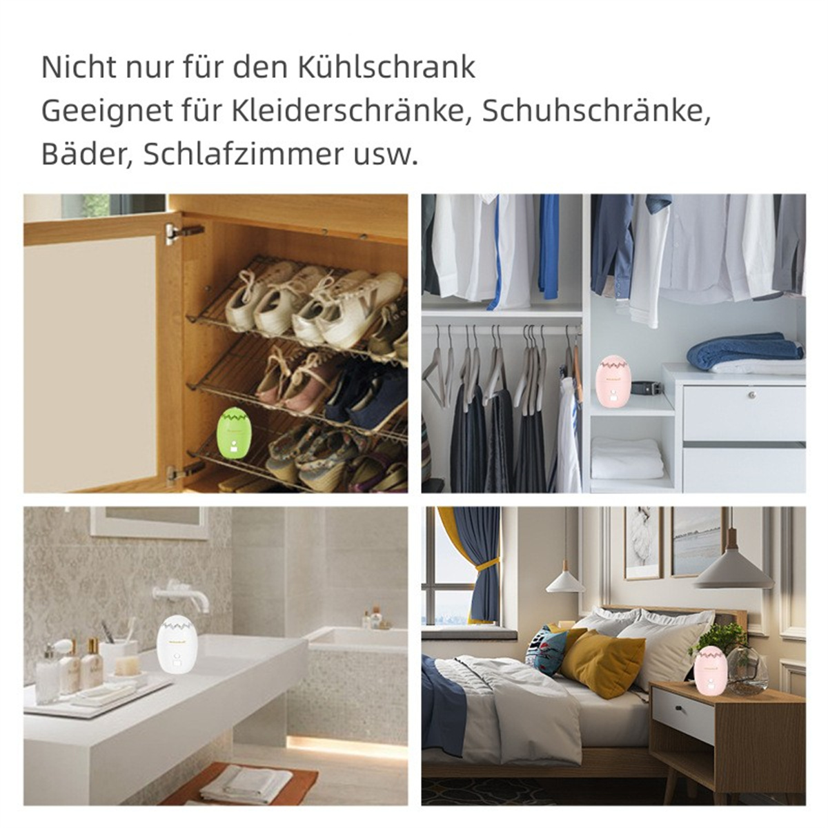 Eine Collage aus Bildern, die mehrere Räume und ein kleines Gerät zeigen.