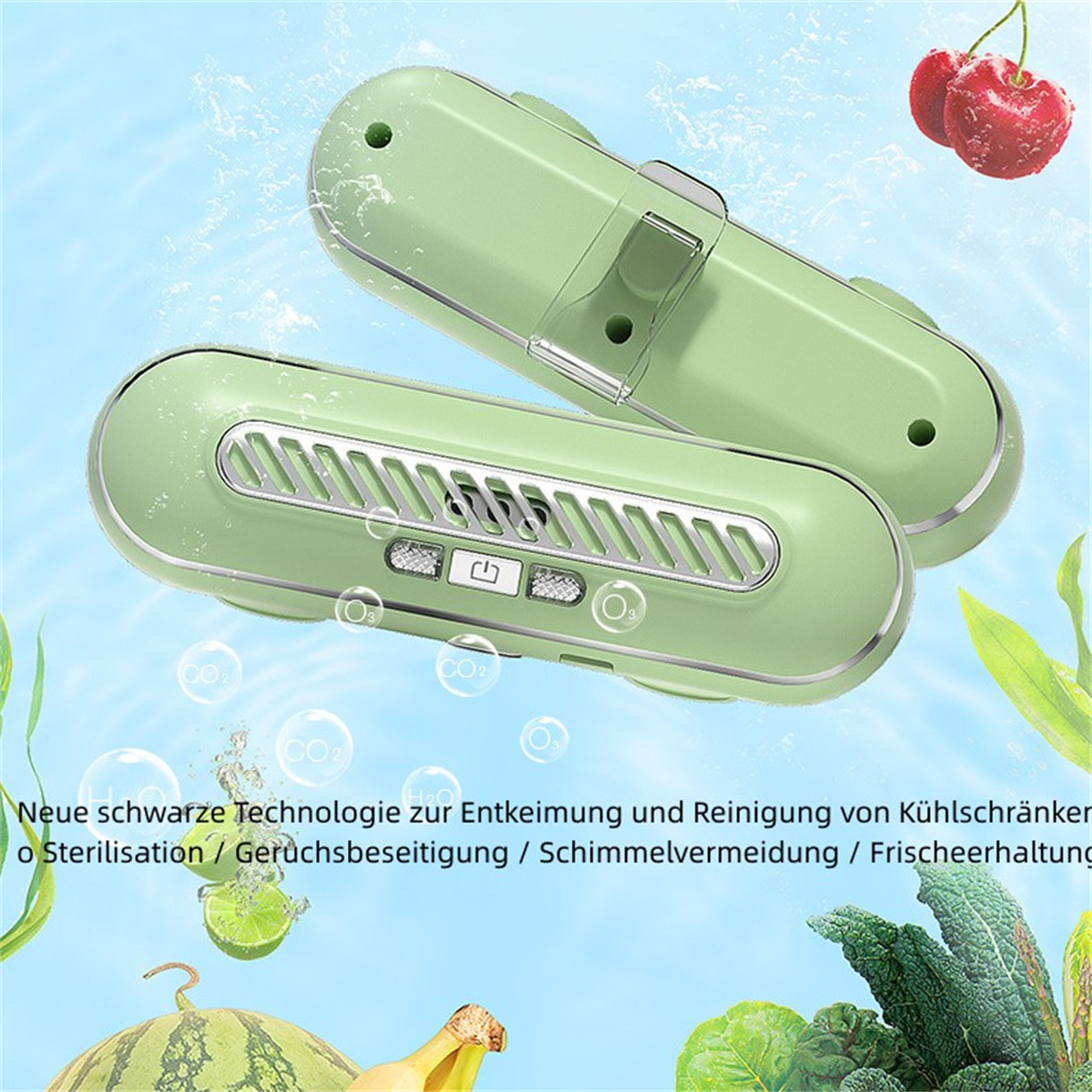 Zwei grüne Luftreiniger mit modernem Design. Blasen und Wassertröpfchen deuten auf Reinigung hin.