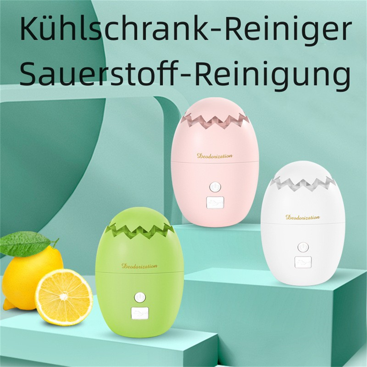 Das Bild zeigt drei eiförmige Lufterfrischer, rosa, grün und weiß, in einer stilisierten Umgebung.