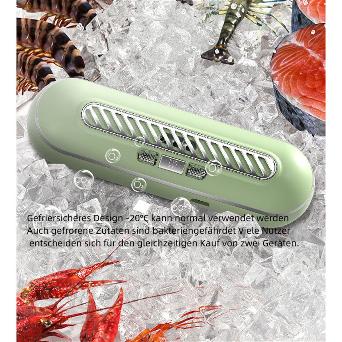 Ein grünes Gerät auf Eis mit Garnelen, Fisch und Text. Blasen gehen vom Gerät aus.