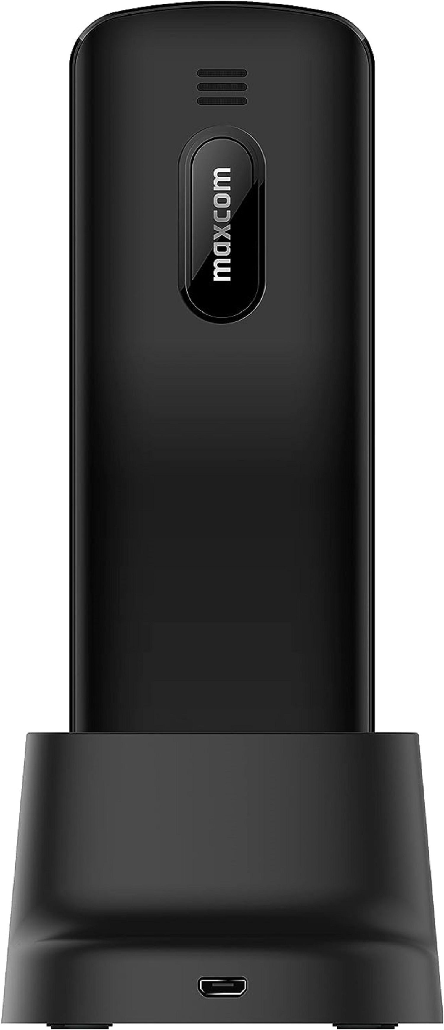 Schwarzes schnurloses Telefon und Basis auf weißem Hintergrund.