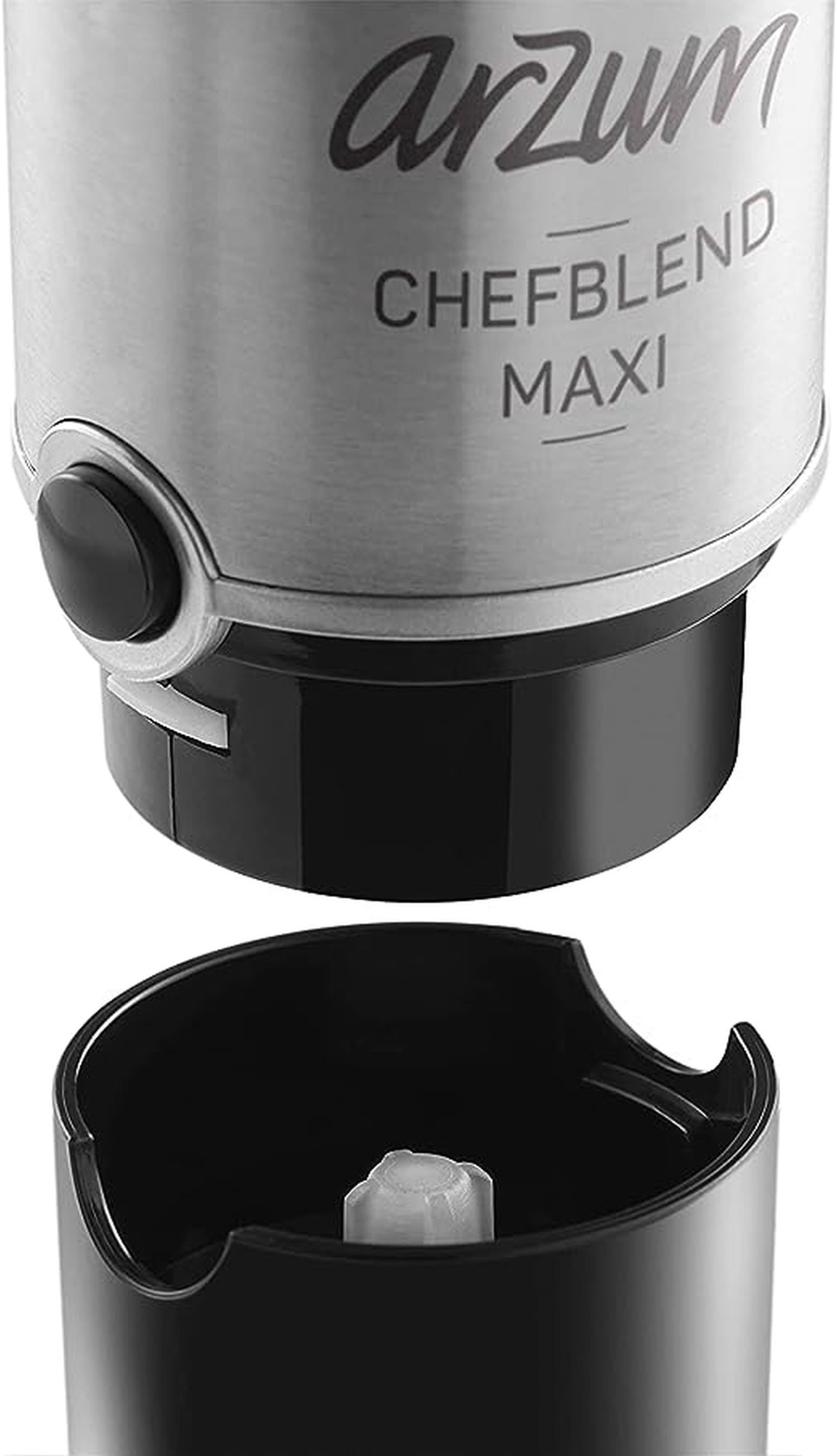 Nahaufnahme eines silber-schwarzen Arzun Chefblend Maxi Mixers. Der Behälter ist abgenommen.
