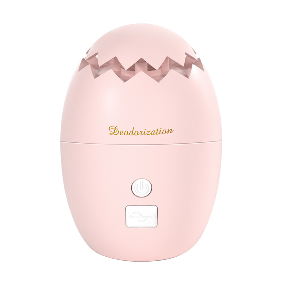 Ein rosa eiförmiges Gerät mit 'Deodorization'-Text. Weißer Hintergrund, hat Strom- und USB-Anschlüsse.