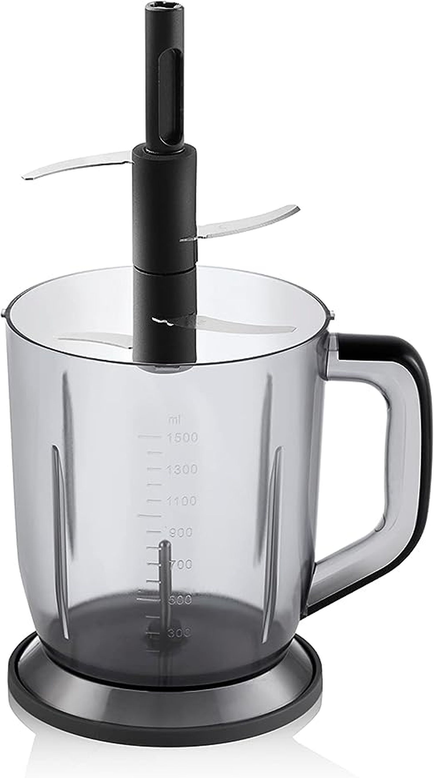 Transparenter Mixer mit schwarzem Griff und Klingen. Weißer Hintergrund.