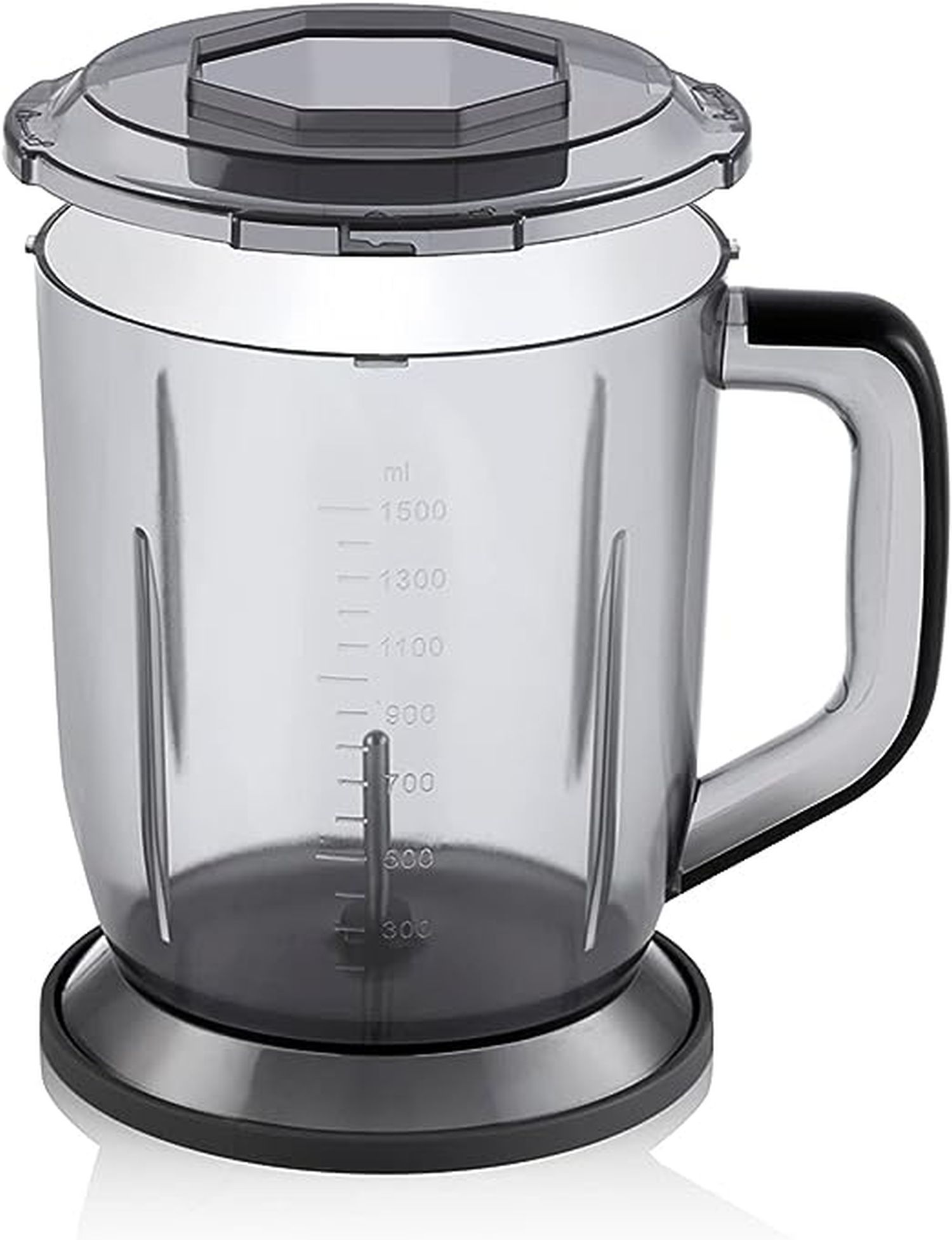 Ein transparenter Mixerbehälter mit schwarzem Griff und Deckel, mit einer Messskala.
