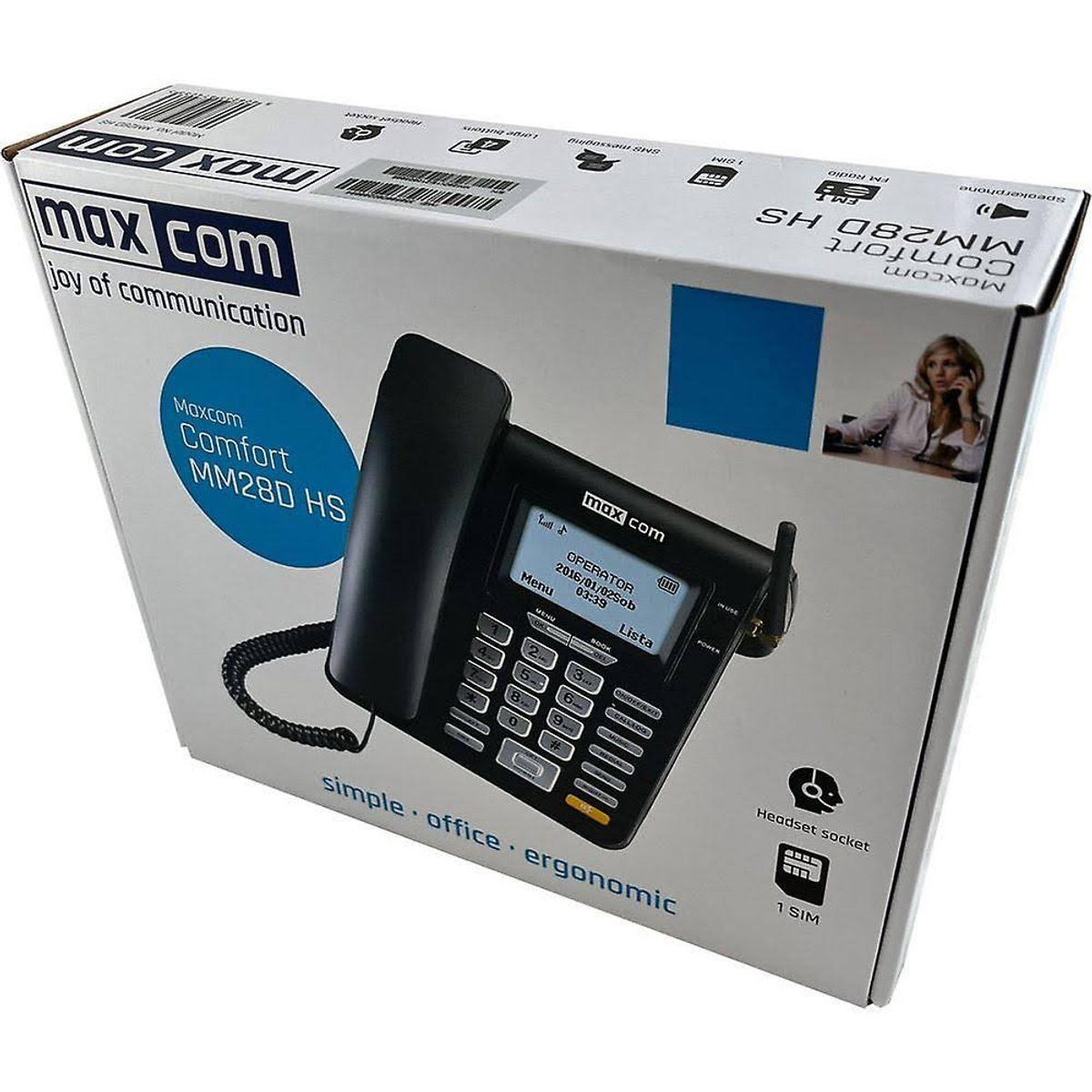 Caja con un teléfono negro. La caja tiene texto y una foto de una mujer. Dice Maxcom Comfort MM280 HS.