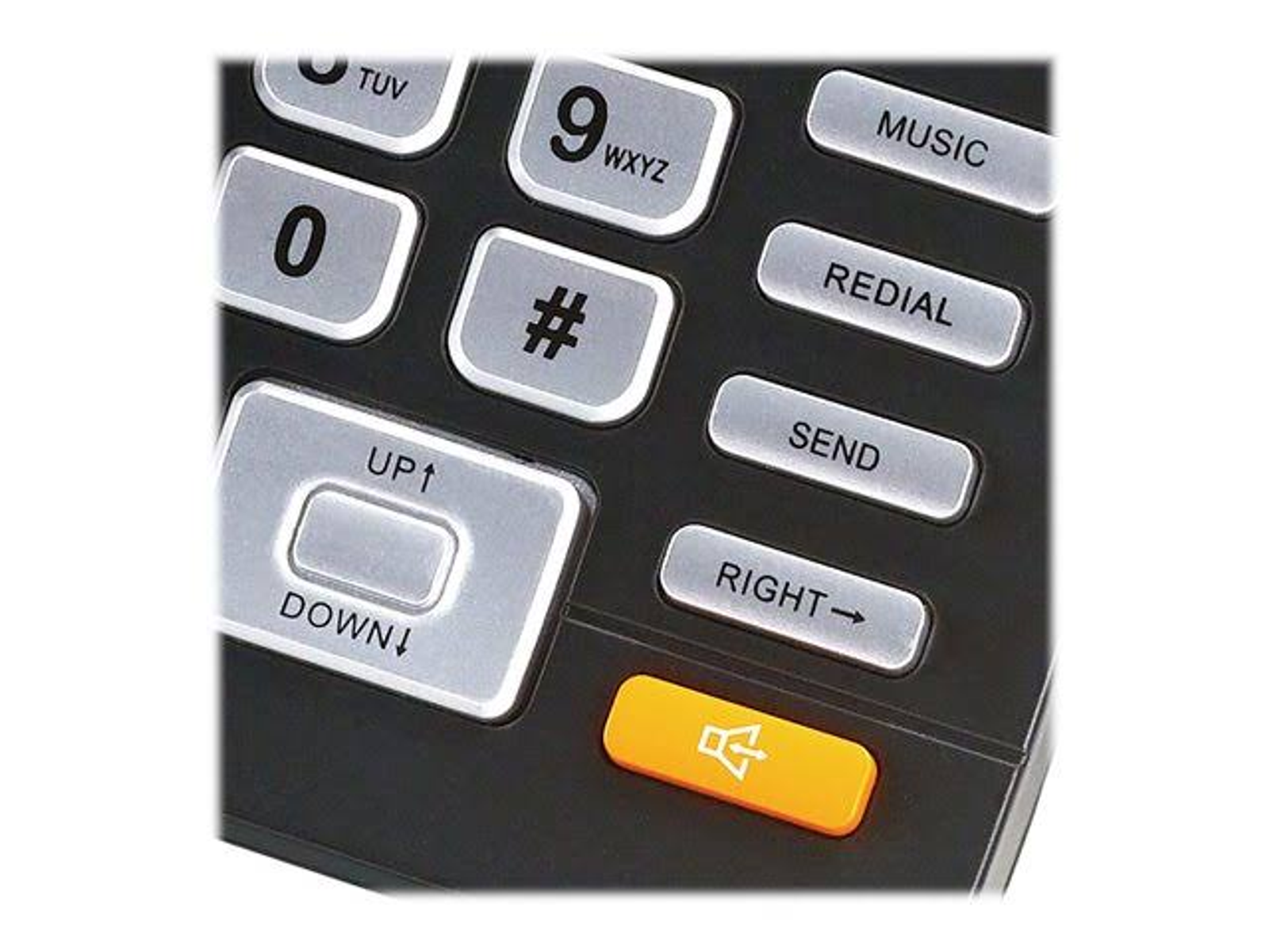 Primer plano de un teclado de teléfono negro con teclas plateadas y un botón de altavoz naranja.
