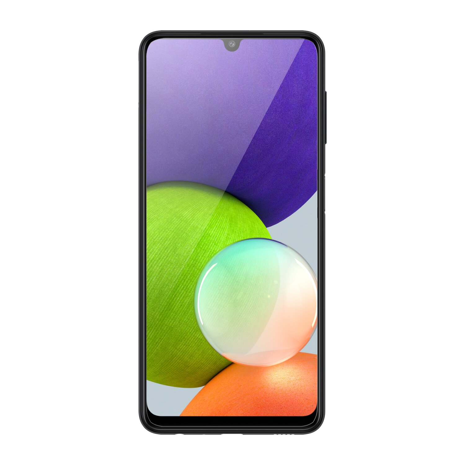 Ein Smartphone mit schwarzem Rahmen zeigt ein farbenfrohes abstraktes Bild vor weißem Hintergrund.